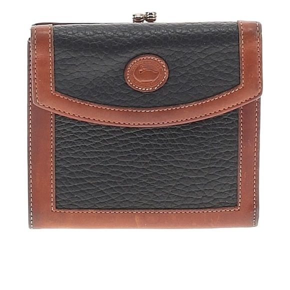 Dooney & Bourke Handbags - VTG DOONEY BOURKE AWL NAVY/ BRIT TAN FRENCH WALLET KISS LOCK COIN POCKET CARD